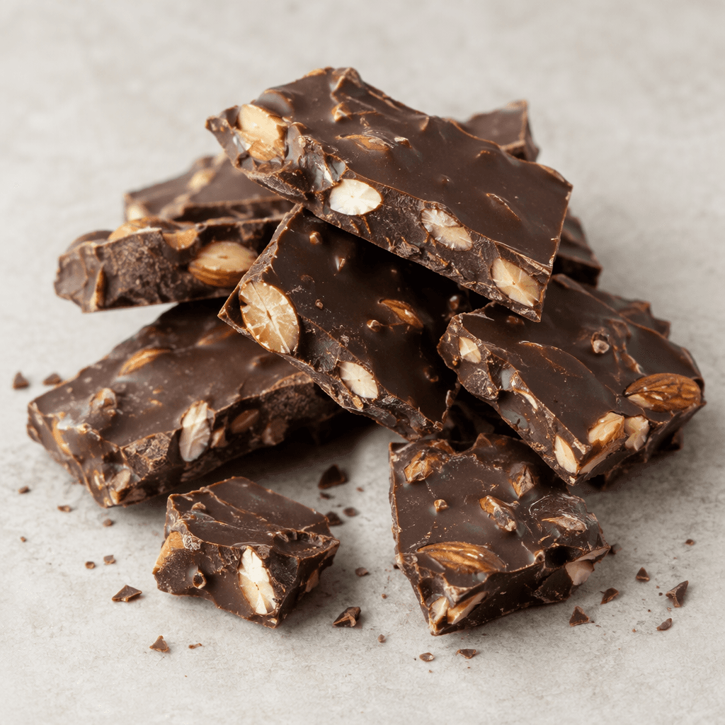 A dark brown chocolate bar broken into irregular pieces, with pale tan almond pieces visibly embedded throughout its smooth, slightly glossy surface and a few crumbs scattered nearby.