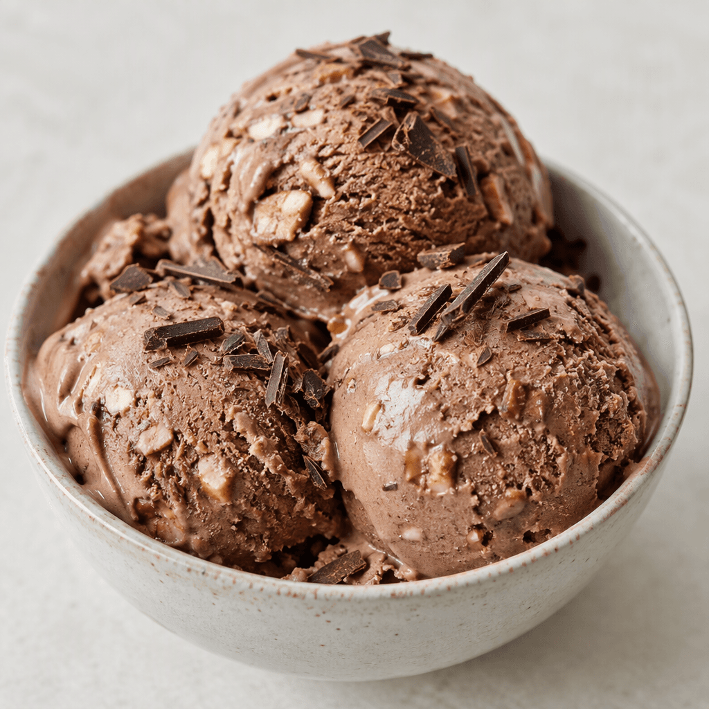 Rounded scoops of creamy chocolate-brown ice cream flecked with small pieces of almond, with a smooth, slightly glossy surface and a few chocolate shavings scattered on top.