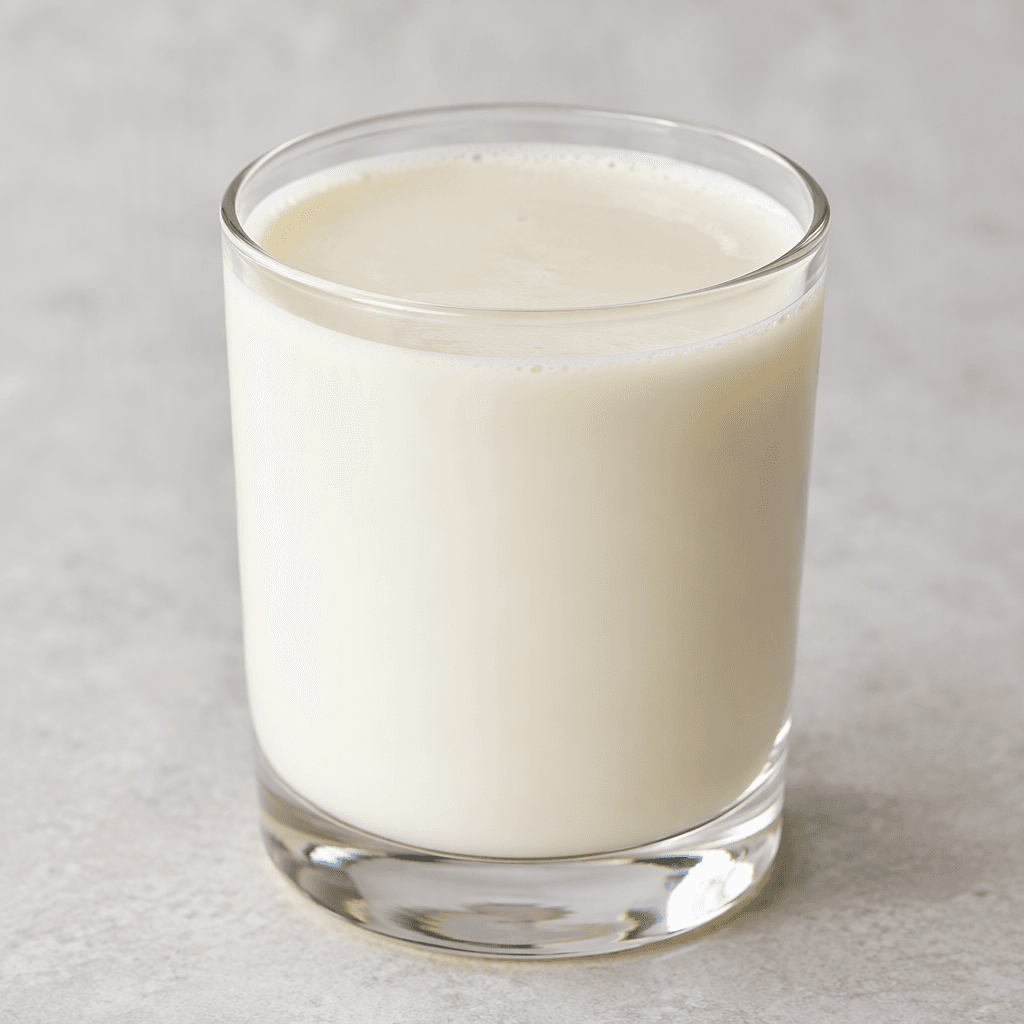 A smooth, opaque, pale ivory liquid fills a clear glass, with a lightly creamy surface.