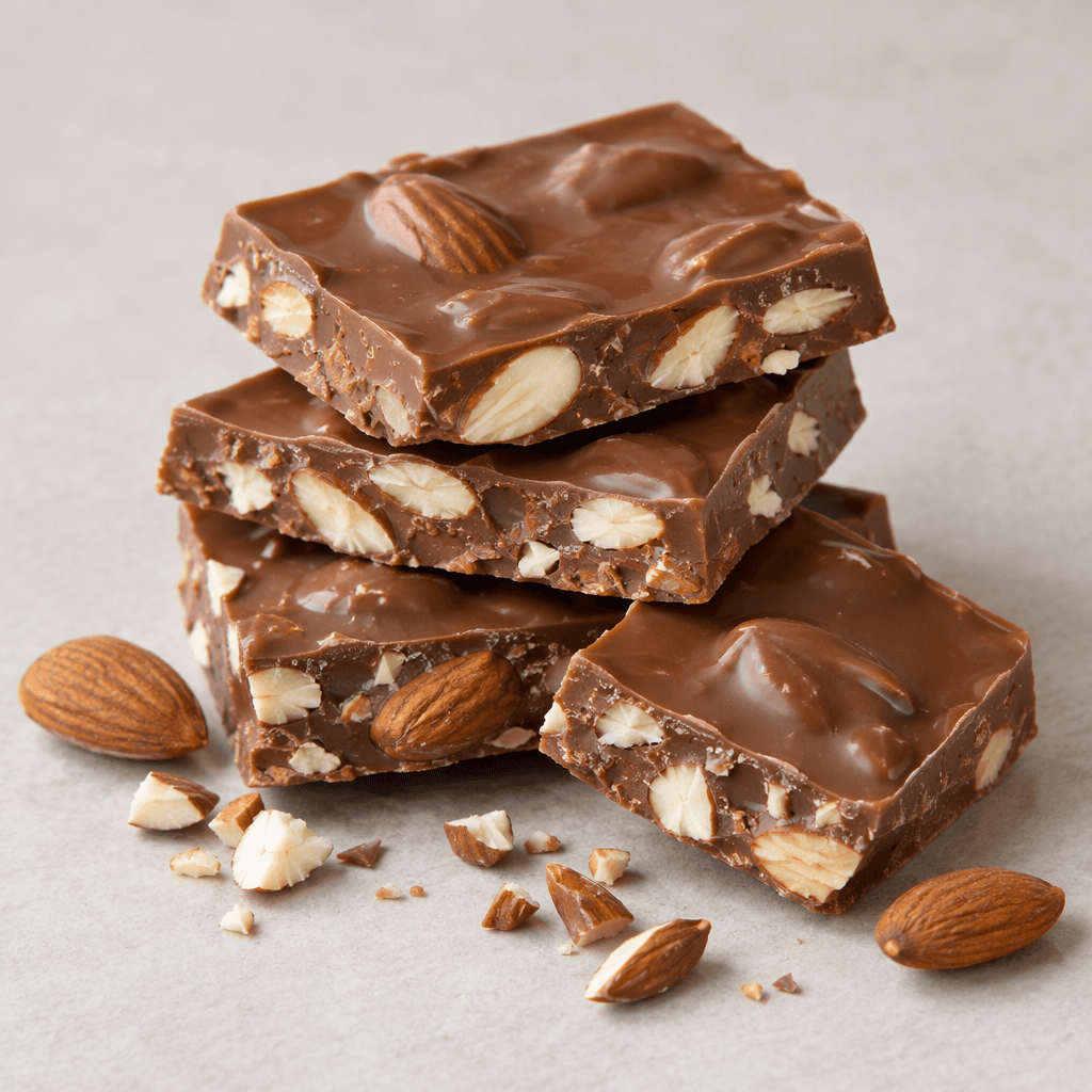 A smooth, glossy milk-chocolate slab in a warm medium-brown color, broken into neat rectangular pieces with whole and chopped pale beige almonds visibly embedded throughout, served on a plain surface with a few almond fragments scattered beside it.