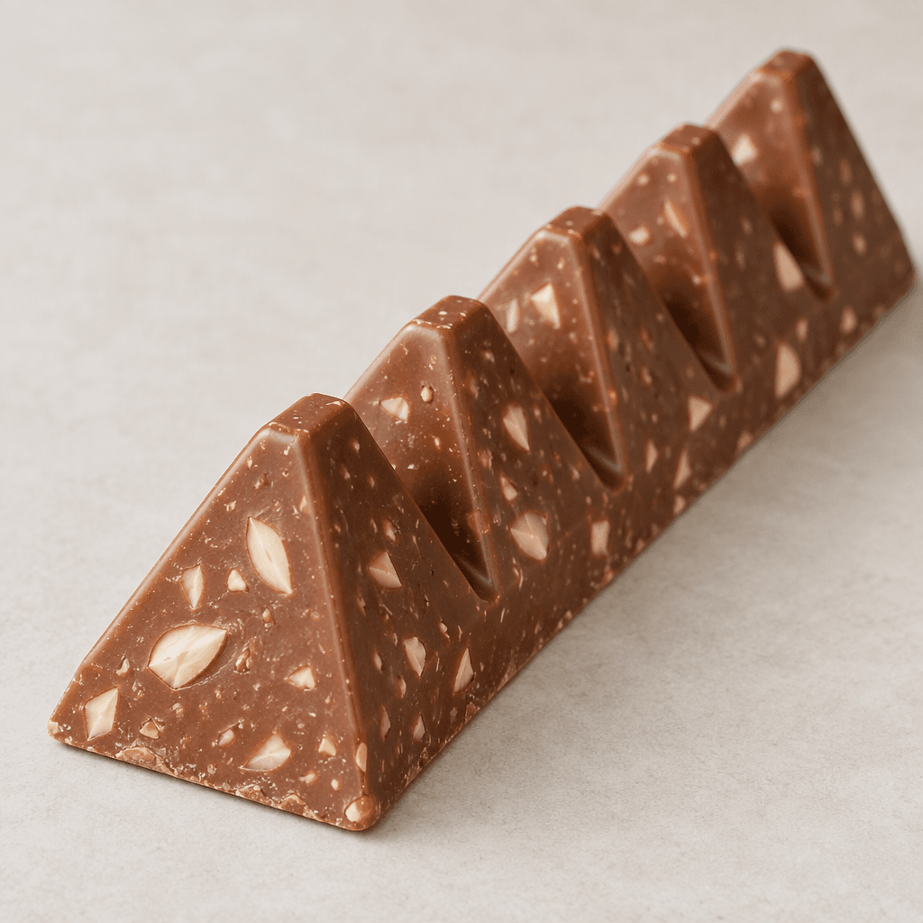 A long milk-chocolate bar is divided into joined triangular peaks, with small pale almond pieces visible throughout its smooth brown surface.