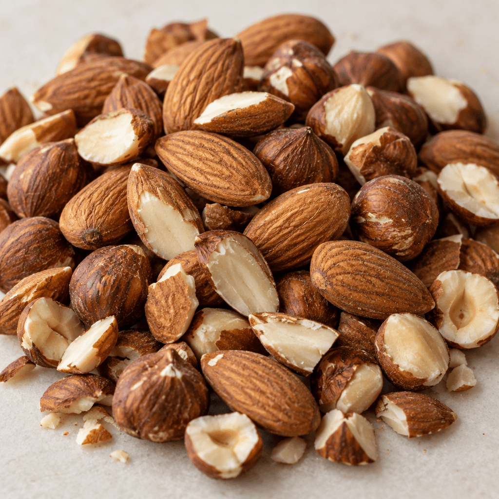 A loose mix of whole and broken almonds and hazelnuts, with smooth ivory almond interiors and warm brown, lightly ridged hazelnut skins.