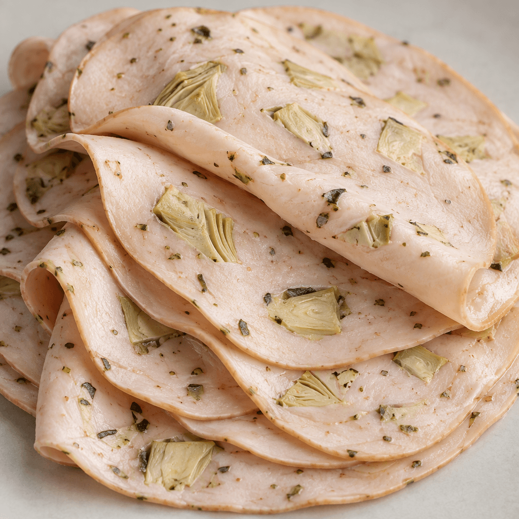 Thin, pale pink-beige slices of processed turkey breast with small green artichoke pieces and flecks visible throughout, arranged in overlapping layers.