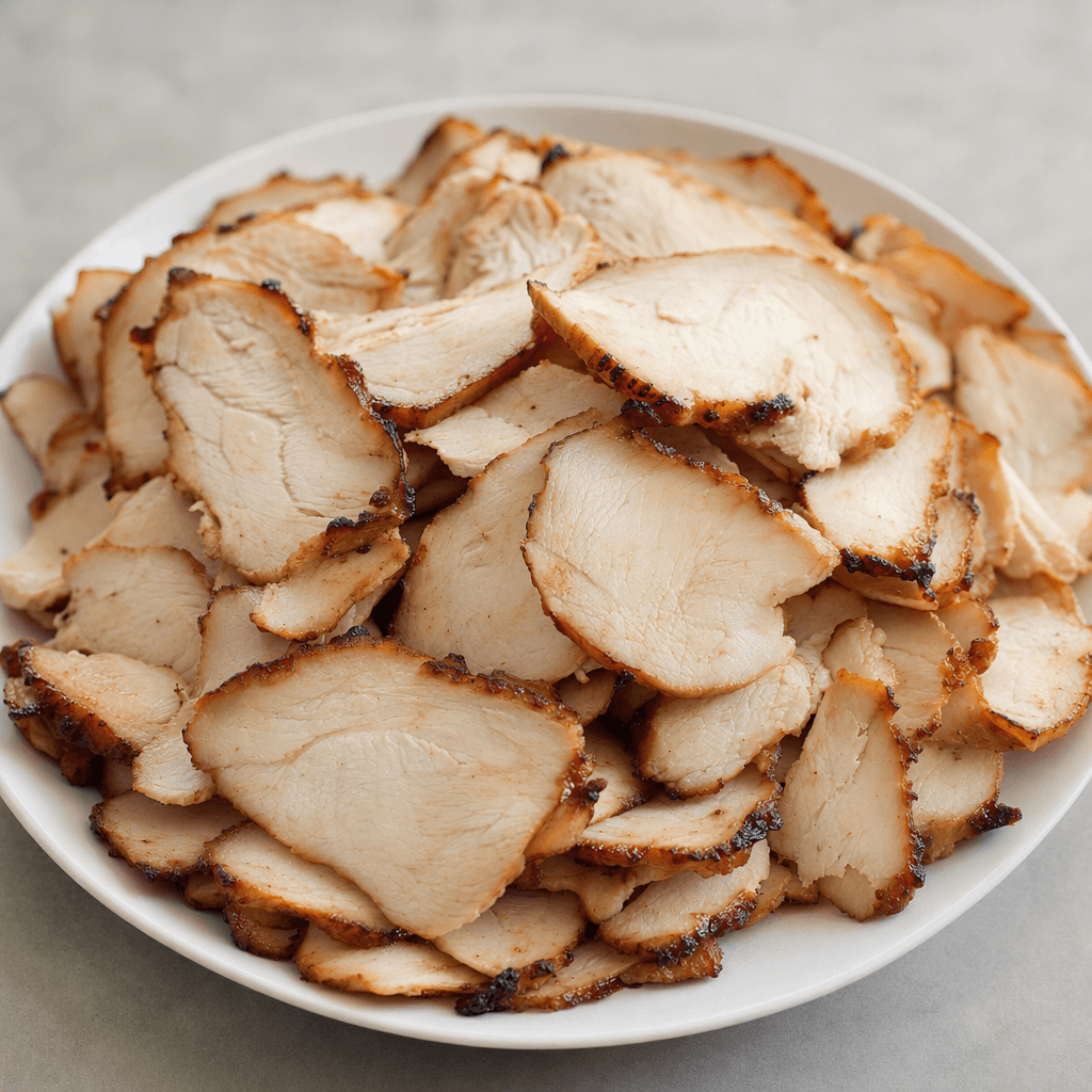 Thin, irregular slices of turkey meat are piled on a plate, with warm brown surfaces, darker seared edges and lighter beige interiors.