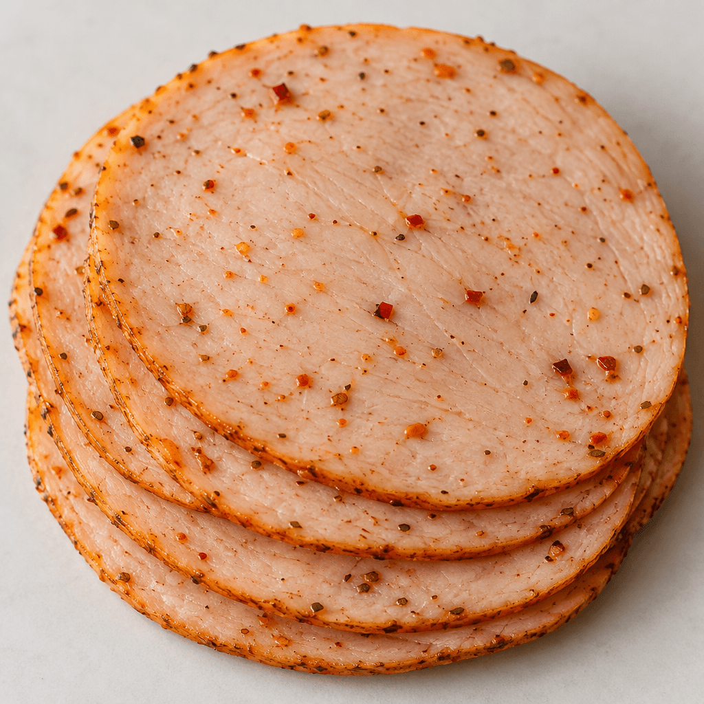 Thin, round slices of processed turkey meat are stacked slightly overlapping, with a compact smooth texture and a reddish-orange, spice-speckled surface.