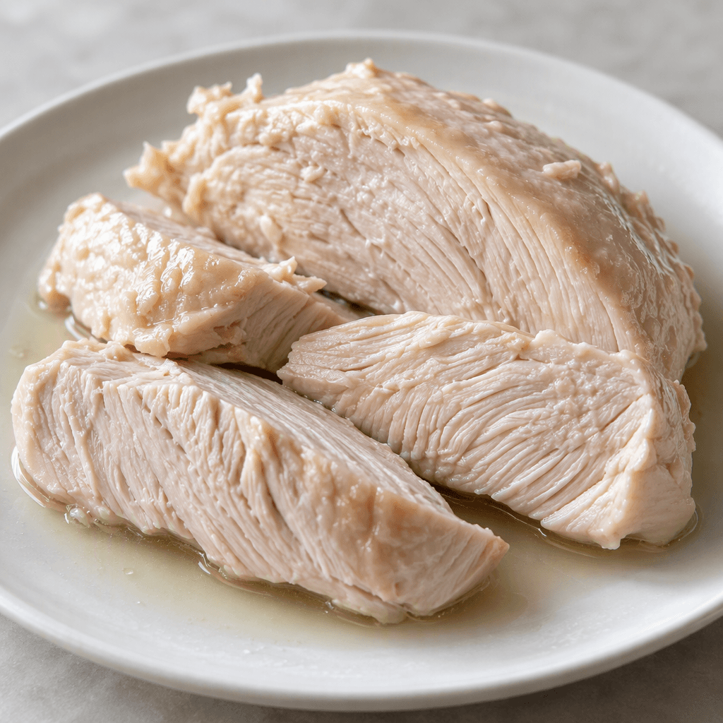 Pale beige-pink turkey fillet pieces with visible fine meat fibers and a moist surface, arranged on a plate with a little clear cooking liquid.