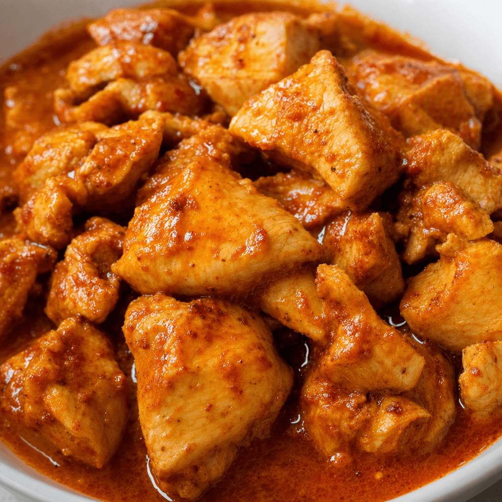 Irregular chunks of cooked turkey, pale tan beneath a reddish-orange coating, sit in a glossy, thick sauce with fine spice flecks.