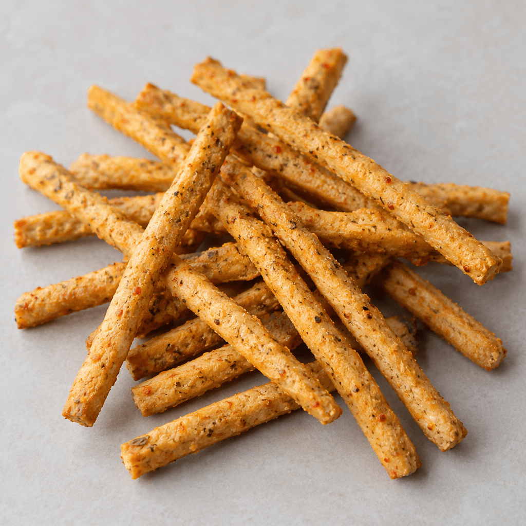 Slender, straight stick-shaped crackers with a dry, crisp-looking surface, golden-brown colour, and scattered red-orange spice flecks, arranged loosely in a small pile.