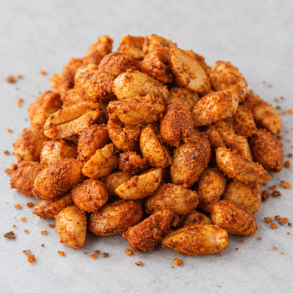 A pile of shelled peanuts coated in a reddish-orange spice mixture, with a rough, uneven surface and a few loose flakes scattered around them.
