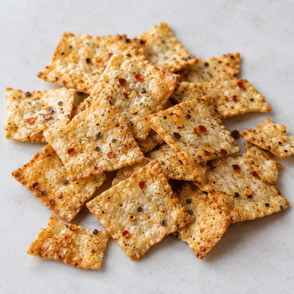 Small, thin, irregularly square crackers with lightly bubbled, crisp surfaces, golden-brown edges, and visible red pepper flakes and dark seasoning specks, scattered on a plain surface.