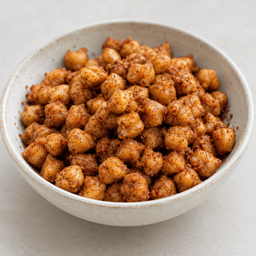 Golden-beige chickpeas with a slightly wrinkled, firm surface are coated in reddish-brown spices and served in a shallow bowl, with a few loose spice flecks visible around them.