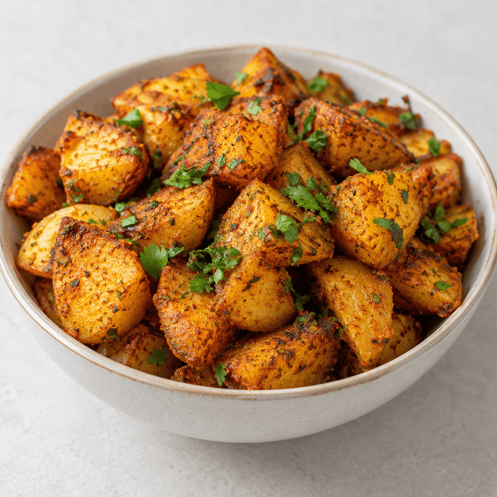 Golden-brown potato chunks with crisp-looking edges are coated in red-orange spices and scattered green herbs, served in a shallow bowl.