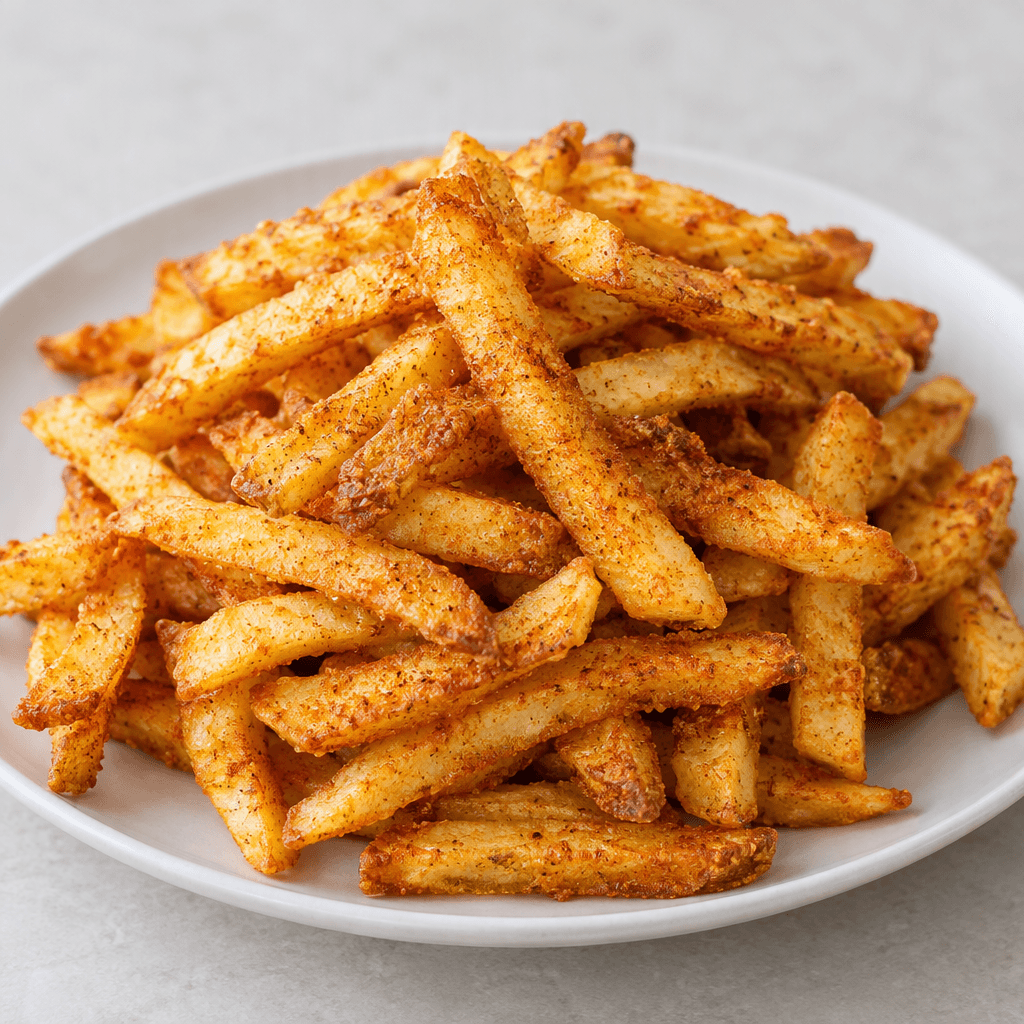 A heap of golden-yellow potato sticks with crisp, uneven edges and a light dusting of red-orange spices, served piled on a plain plate.