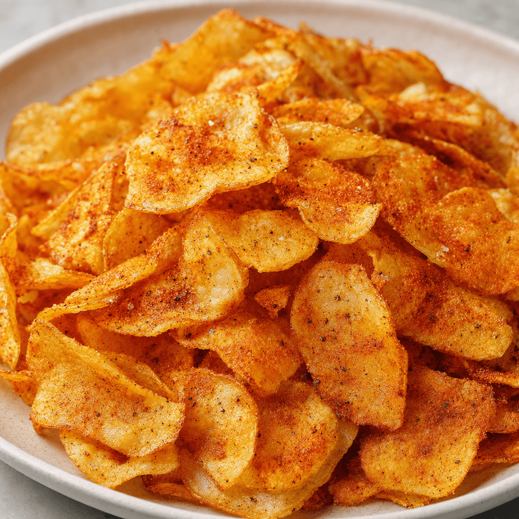 İnce ve kıtır patates dilimleri, kıvrımlı düzensiz kenarlarıyla bir tabakta üst üste duruyor; altın sarısı yüzeyleri kızıl turuncu baharat ve koyu beneklerle kaplı.
