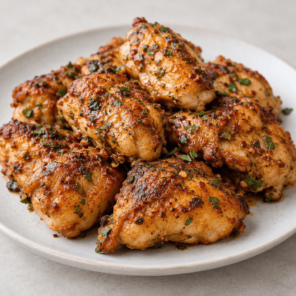 A plate of plump chicken pieces with a deep golden-brown surface, scattered red spice flecks and green herbs, arranged in a loose pile with a lightly glossy texture.