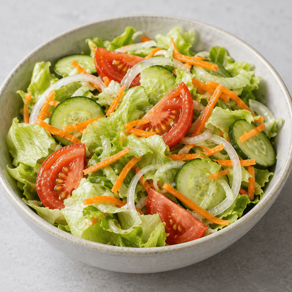 A shallow bowl holds crisp pale-green lettuce leaves topped with red tomato wedges, thin cucumber slices, translucent onion rings, and scattered orange carrot shreds, with the ingredients loosely layered and lightly glistening.