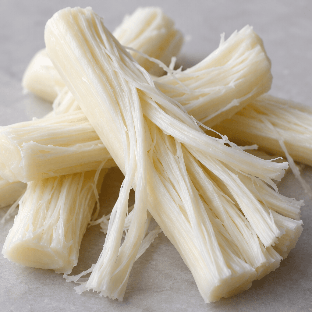 Pale ivory-white string cheese sits in a loose pile, its soft, smooth surface separating into fine lengthwise strands.
