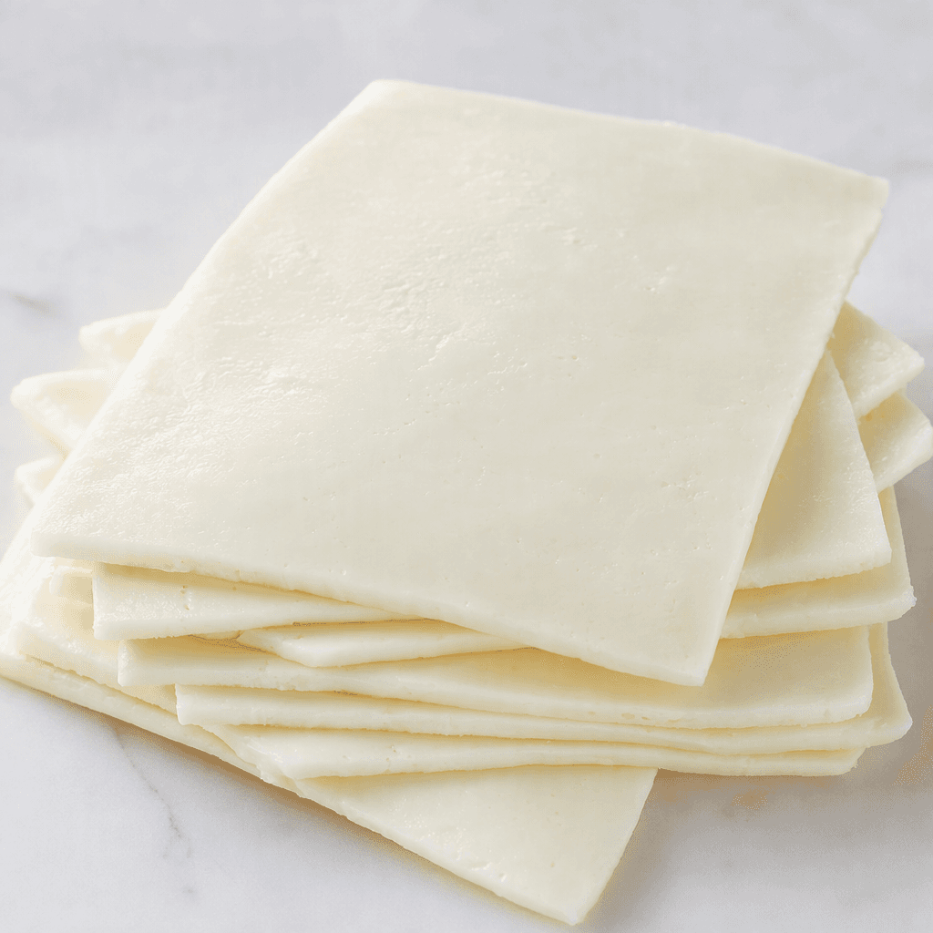Thin, even rectangular slices of white cheese are stacked and slightly overlapping, with a smooth, faintly moist surface and clean-cut edges.