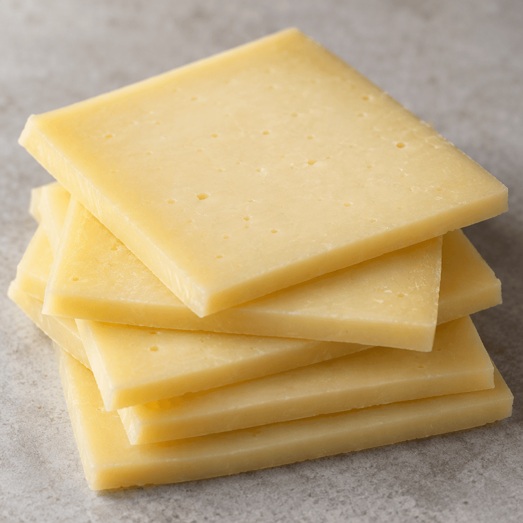 Several thin, rectangular slices of pale straw-yellow semi-hard cheese are stacked slightly askew, with smooth surfaces and neatly cut edges.