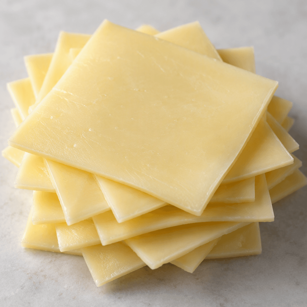 Thin, square slices of pale straw-yellow cheese with smooth, slightly glossy surfaces are stacked and overlapping.