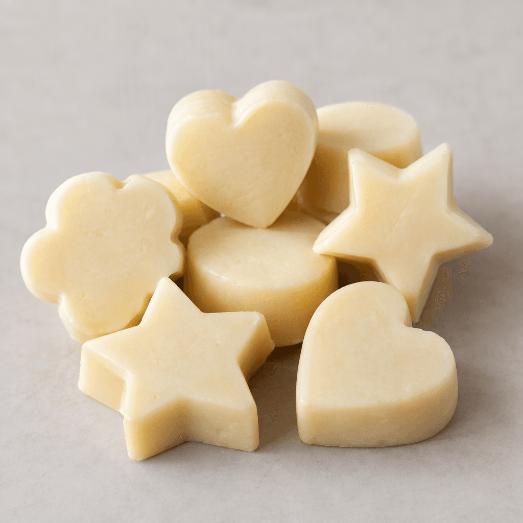 Small, pale ivory cheese pieces in playful shapes are arranged together, with smooth surfaces and softly rounded edges.