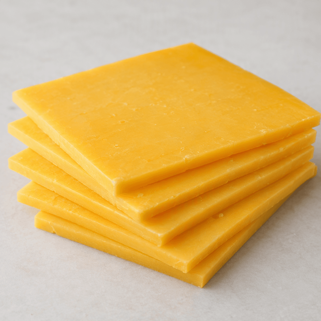 Smooth, square slices of golden-yellow cheese are slightly fanned into a neat stack, with even edges and a firm, uniform surface.