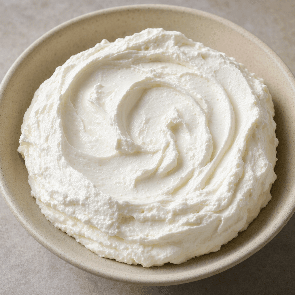 Thick, smooth, bright-white labneh cheese sits in a soft mound with gentle swirls on its creamy surface.