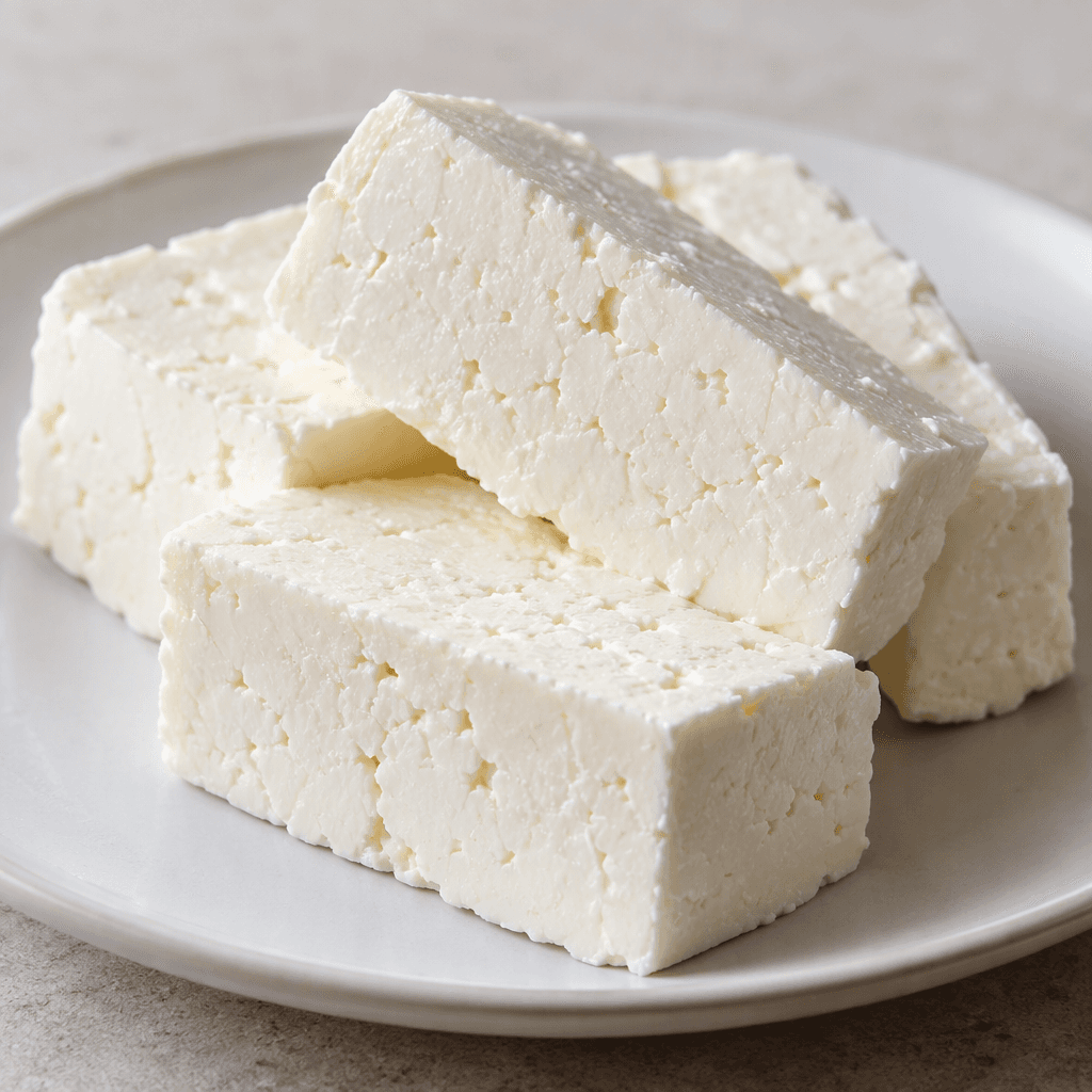 A pale white, firm cheese cut into thick rectangular pieces, with a smooth, slightly moist surface and a fine, faintly crumbly texture, arranged on a plain plate.