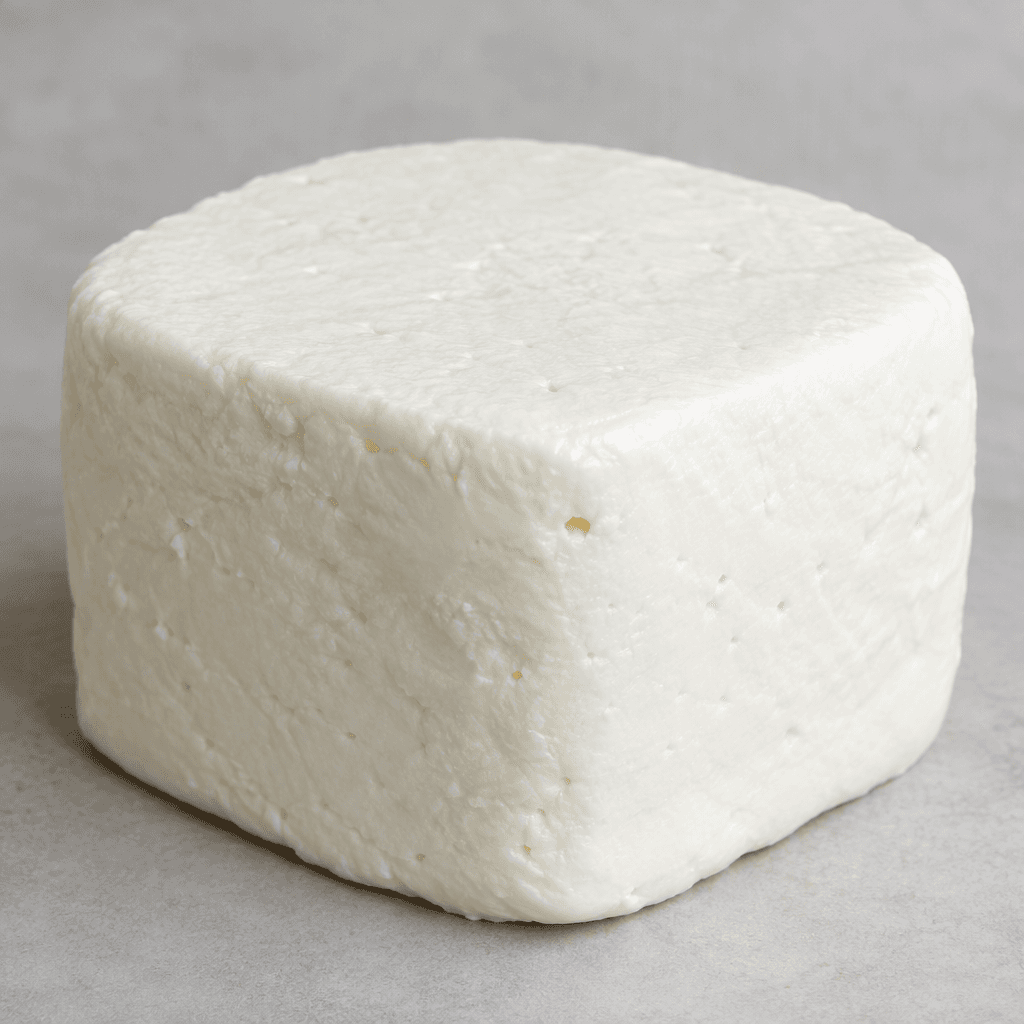 A compact, bright-white block of strained cheese with a dense, smooth surface and softly rounded edges.