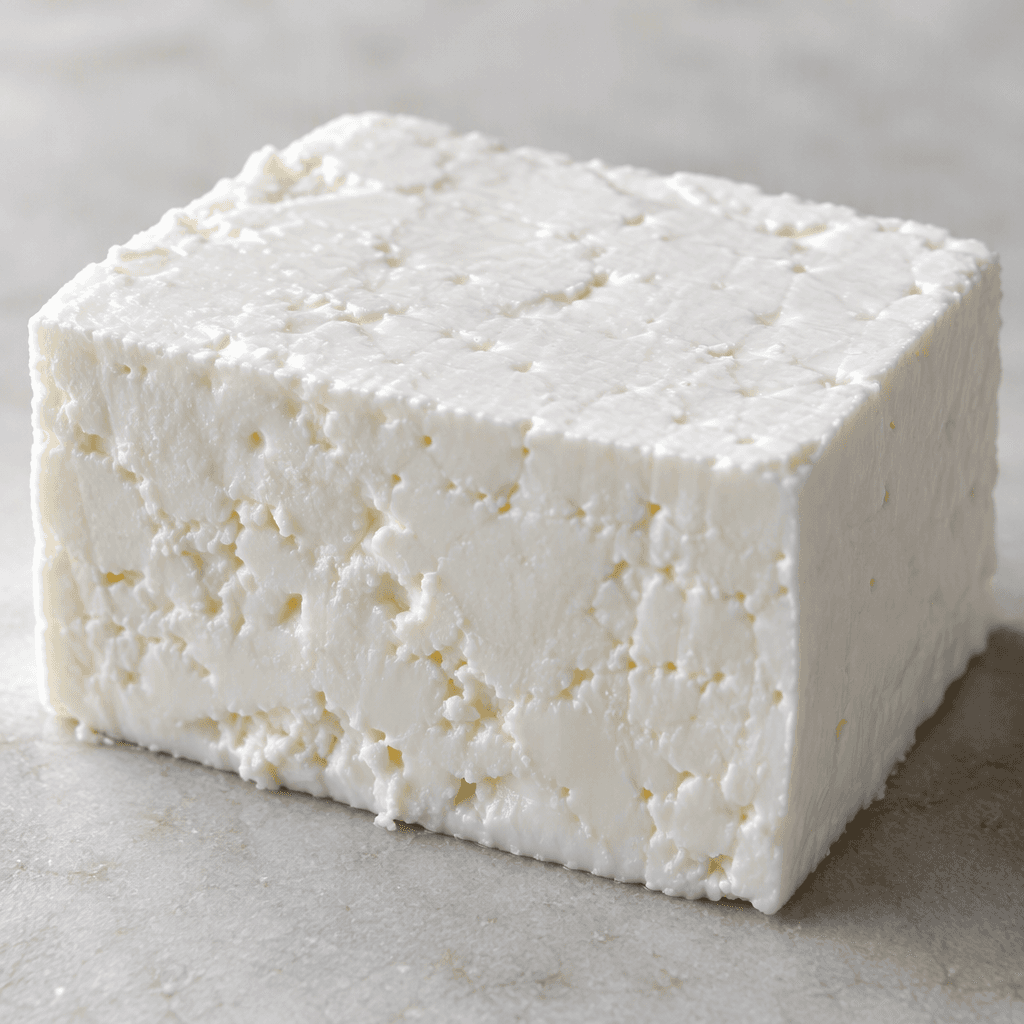 A compact block of bright white cheese with a smooth, slightly moist surface, firm-looking texture, and clean cut edges.