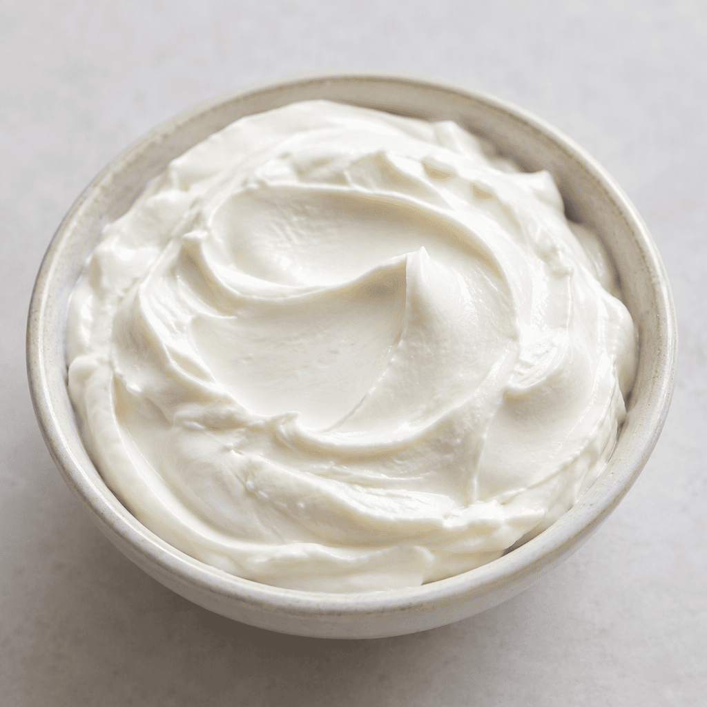 A thick, smooth, bright-white dairy spread with a soft, creamy surface, served in a shallow dish.