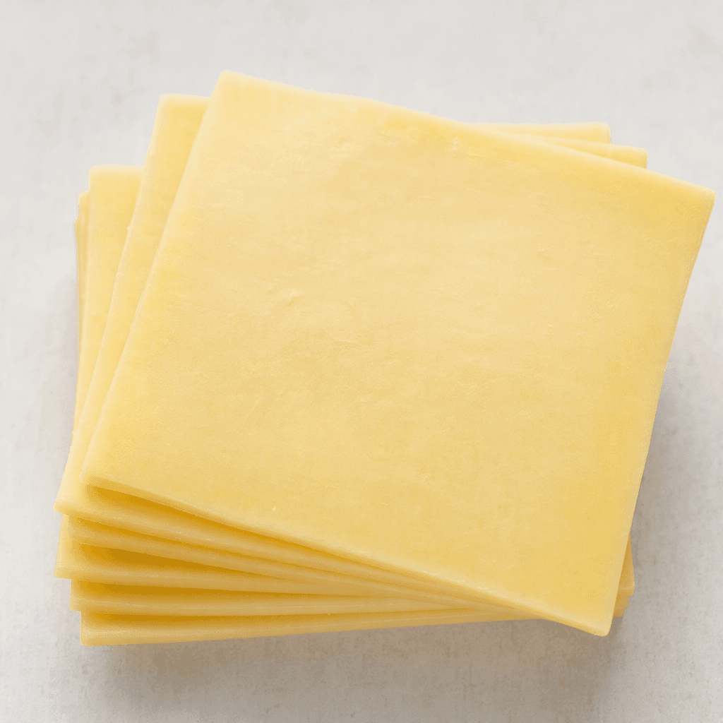 Several smooth, pale straw-yellow square cheese slices are stacked slightly askew, with clean, even edges and a soft, uniform surface.