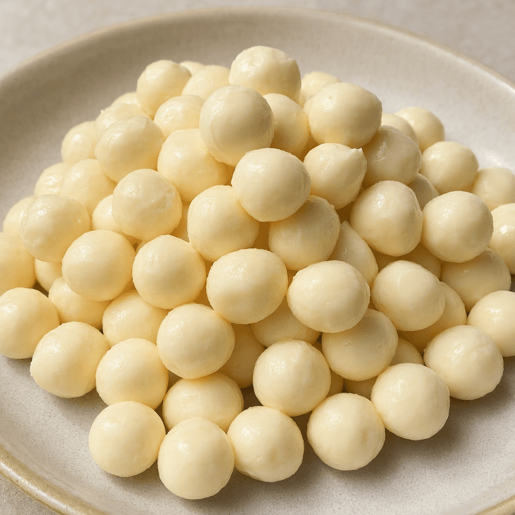 Small, round, pale ivory cheese balls with a smooth, slightly moist surface are arranged together on a serving plate.