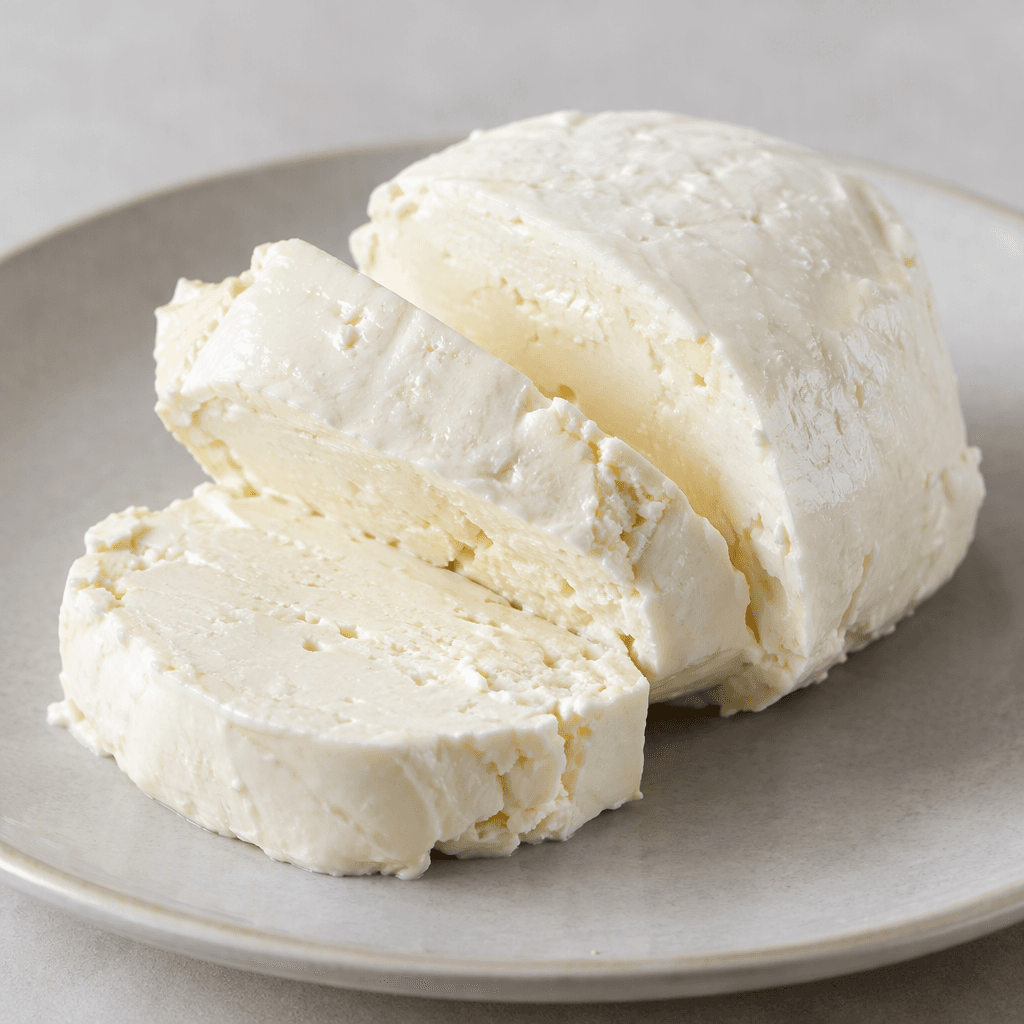 Thick, pale ivory-white pieces of soft cheese with a moist, smooth surface and slightly crumbly edges are arranged on a plate.