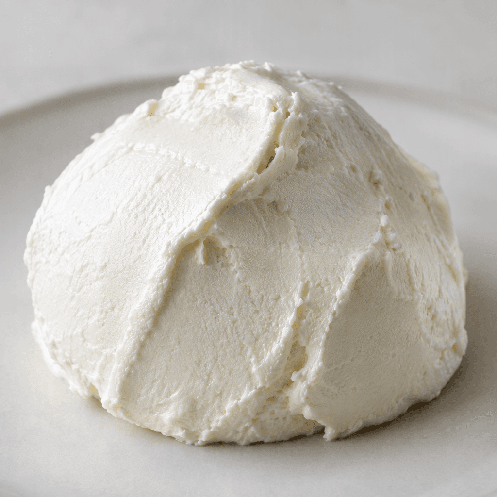 A mound of bright white strained cheese with a dense, smooth, slightly glossy surface and soft ridges.