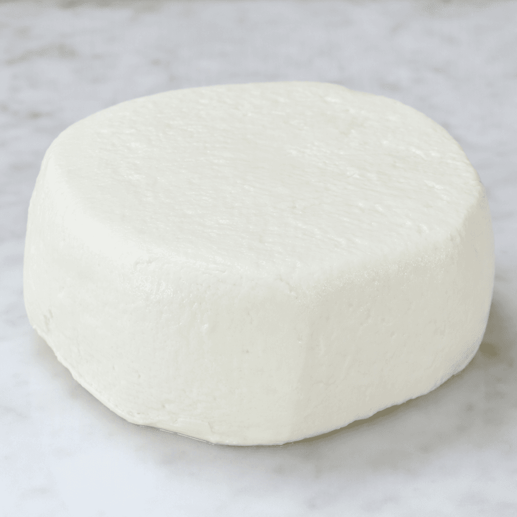 A compact mound of bright white strained cheese with a smooth, dense, slightly moist surface and softly squared edges.
