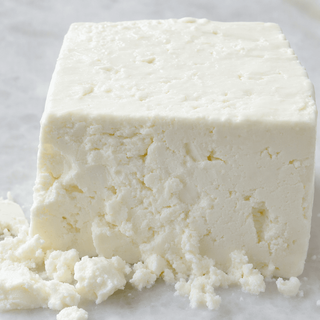 A compact block of bright white cheese with smooth, slightly moist surfaces, straight cut edges, and a dense interior that breaks into soft, fine crumbs.