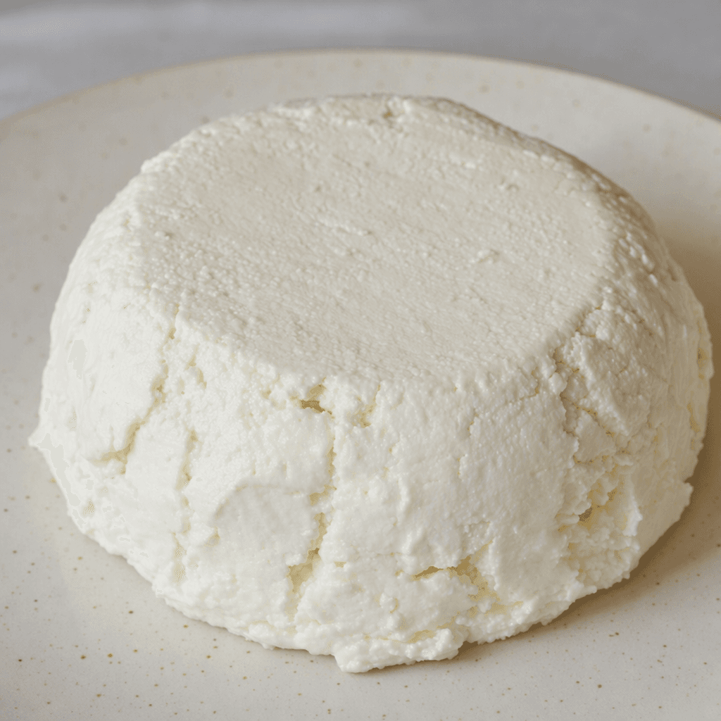 A mound of bright white strained cheese with a dense, smooth surface and soft, slightly crumbly edges, served plainly on a plate.