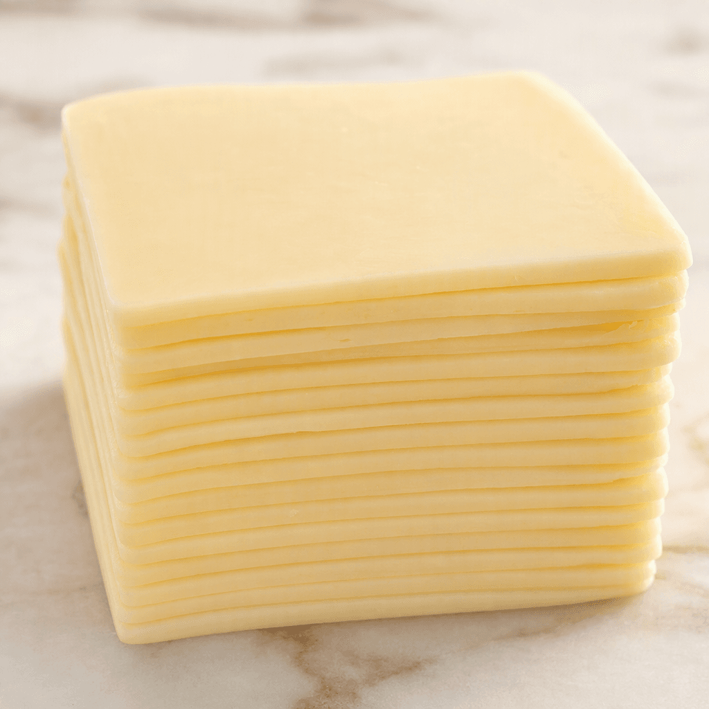 Thin, smooth, pale straw-yellow cheese slices are stacked in a neat pile, with straight edges and softly rounded corners.