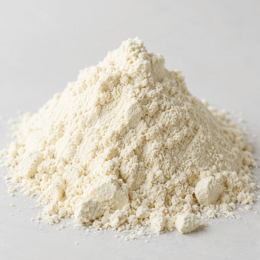 Sade bir yüzey üzerinde gevşekçe yığılmış, ince öğütülmüş ve un gibi yumuşak dokulu, açık krem renkli protein tozu.