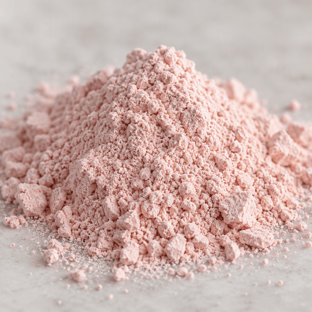 Küçük bir yığın hâlinde duran, açık pembe renkli, kuru ve hafif topaklı ince toz.