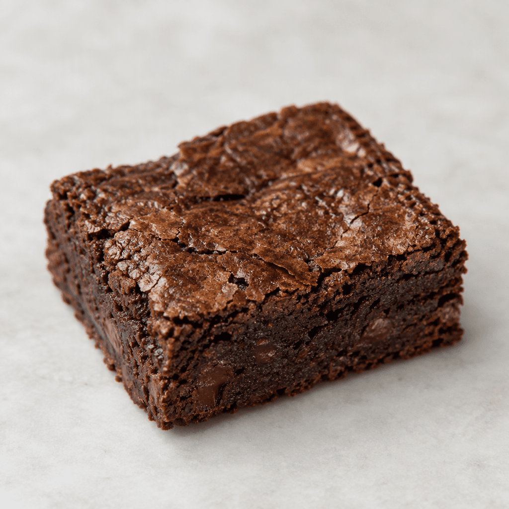 Koyu kahverengi, yüzeyi hafif pürüzlü ve yoğun dokulu, dikdörtgen biçimli bir brownie bar tek başına sunuluyor.