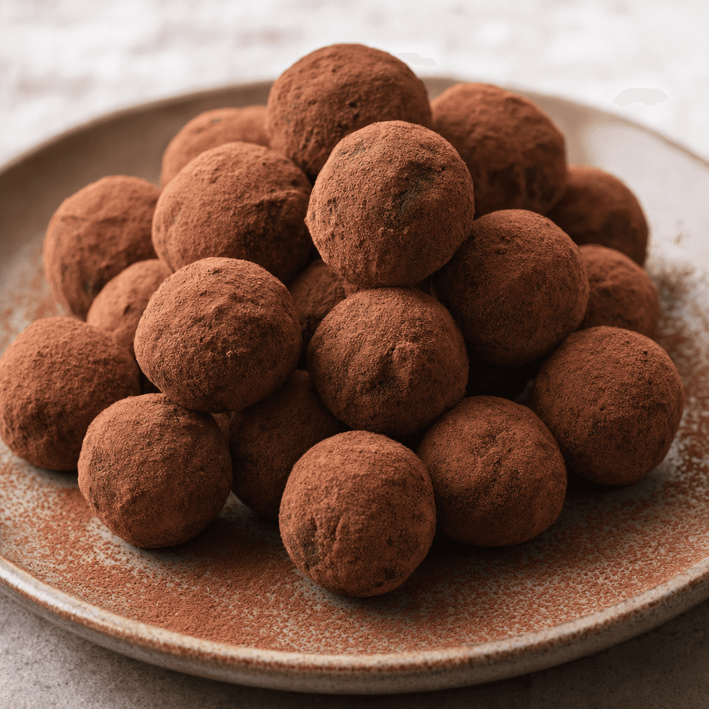 Small, round dark-chocolate truffles with a slightly uneven surface dusted in cocoa powder, arranged on a plate.