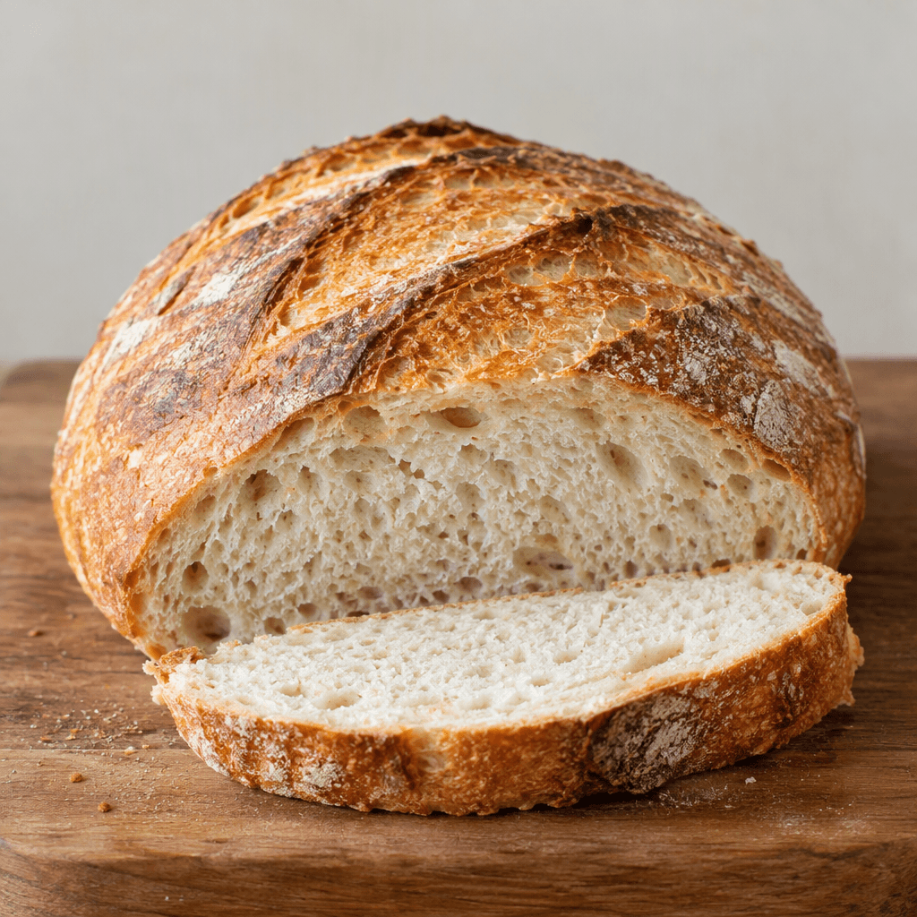 A rustic golden-brown loaf with a thick, lightly blistered crust, shallow diagonal cuts across the top, and a pale, airy interior visible where it is sliced, resting on a wooden board.