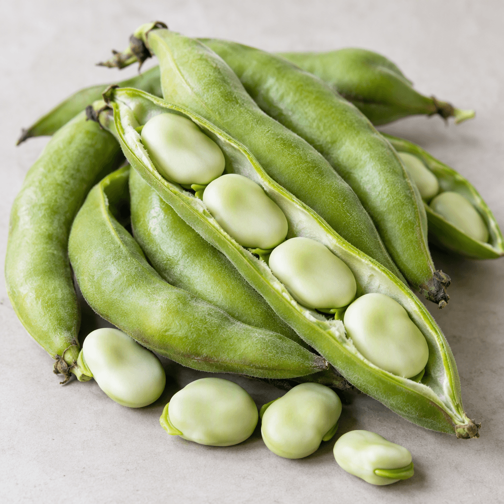 Fresh broad beans are plump, elongated pale-green pods with a slightly fuzzy surface, often split open to reveal several large, flat, oval beans in creamy skins.