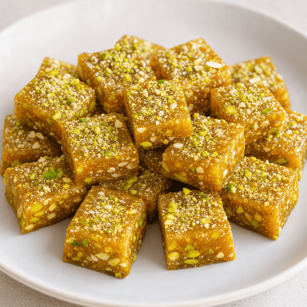 Small, glossy amber-gold soft candies cut into neat squares, with fine green pistachio and pale nut flecks visible throughout and a light dusting of crushed nuts on top, arranged on a plate.