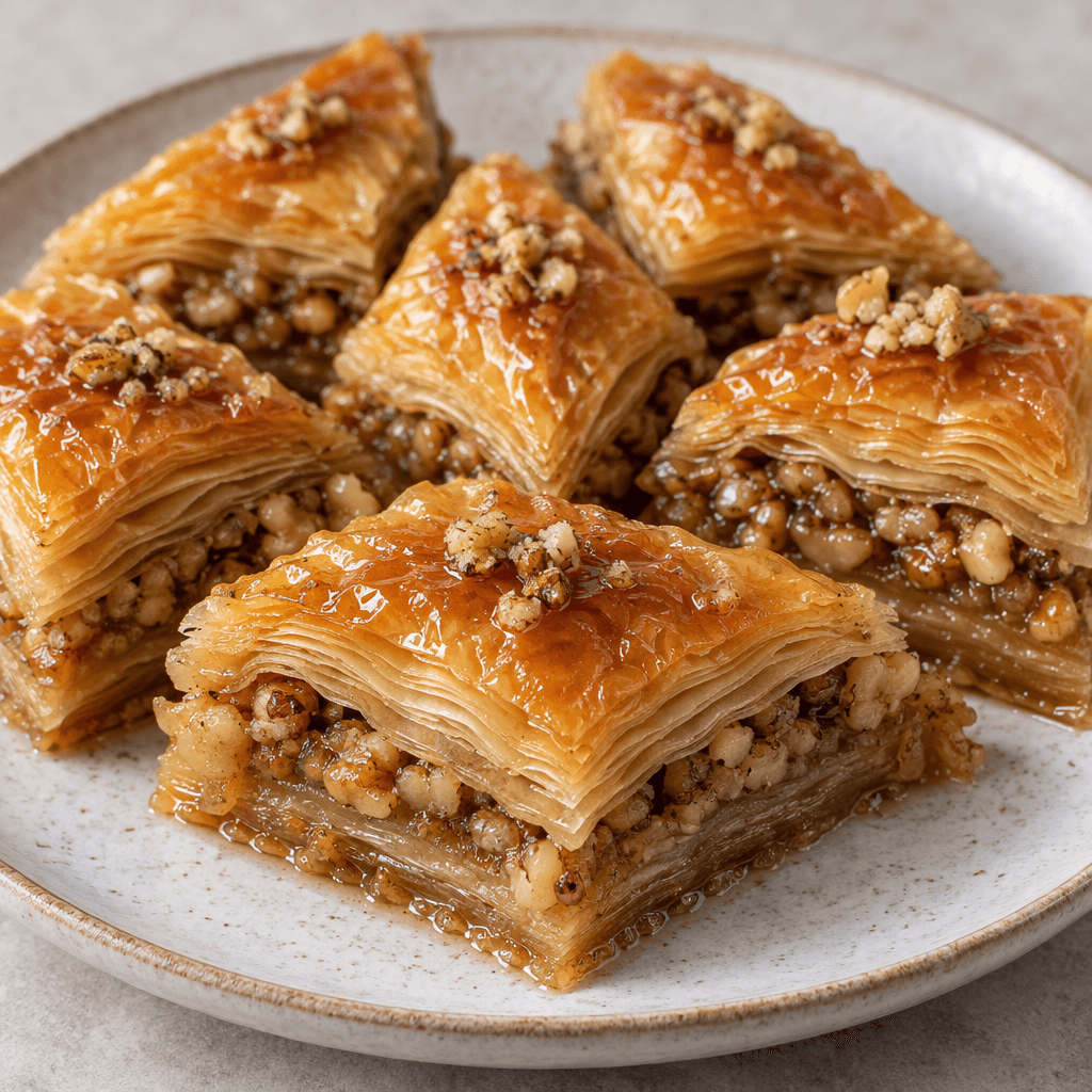Golden-brown pastries cut into diamonds show many thin, crisp-looking layers with chopped walnuts visible between them and a glossy surface, arranged on a plate.