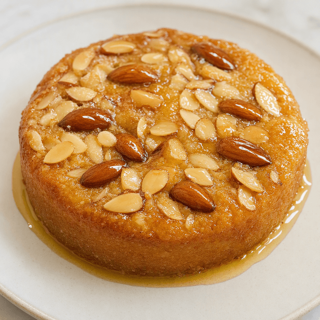 A small golden-brown dessert topped with visible whole and sliced almonds, lightly coated in glossy amber honey and served on a plain plate.