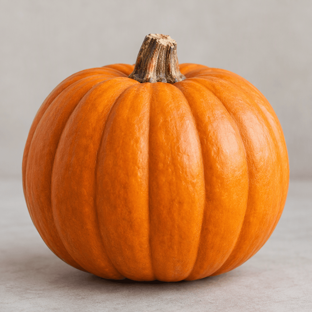 A whole pumpkin with a round, deeply ribbed shape, smooth warm orange skin, a short brown stem, and a flat base resting on a plain surface.