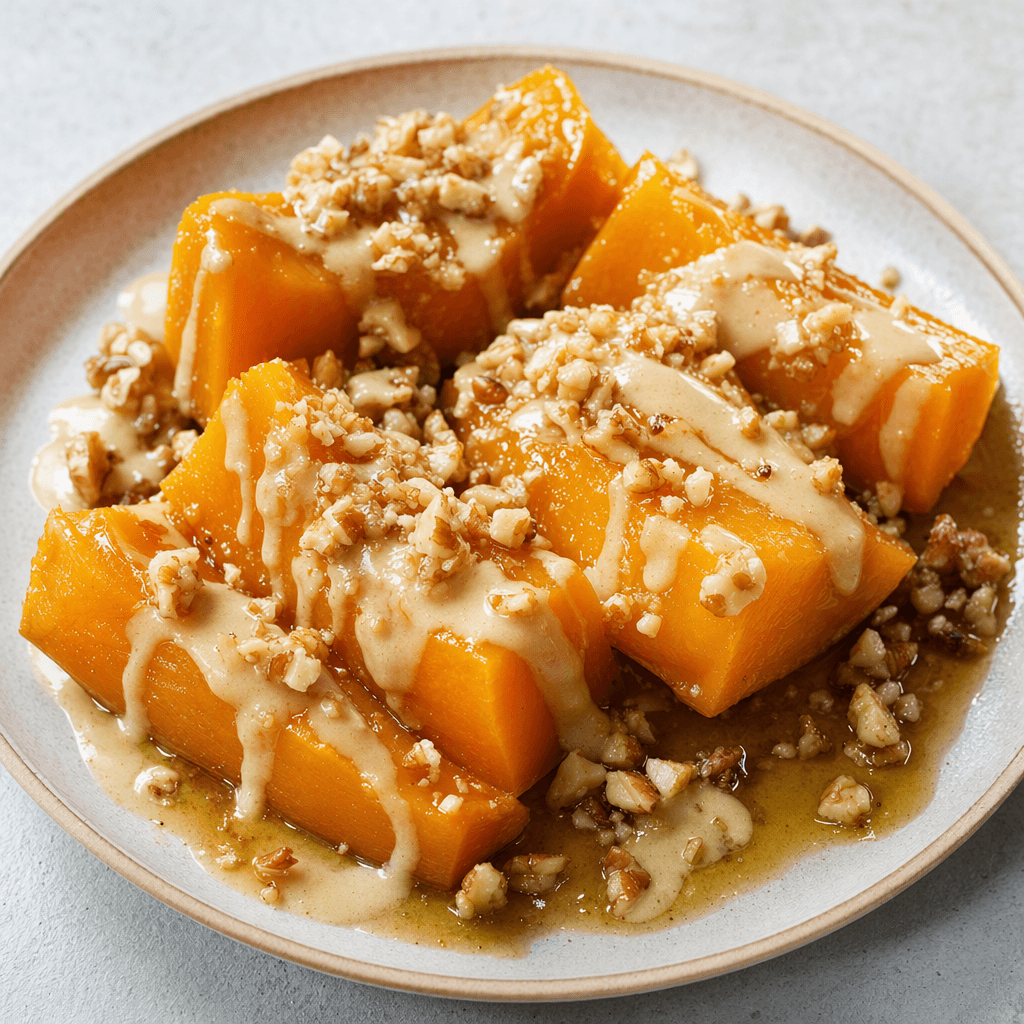 Glossy orange pumpkin wedges sit on a plate in a light syrup, topped with a drizzle of pale tahini and chopped walnuts.